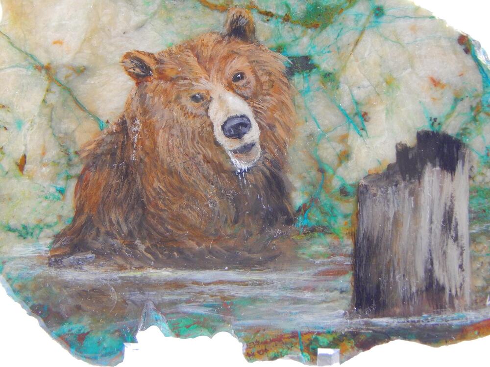 Bear Painting on Chrysocolla Stone Slice | Stone Home Decor Art